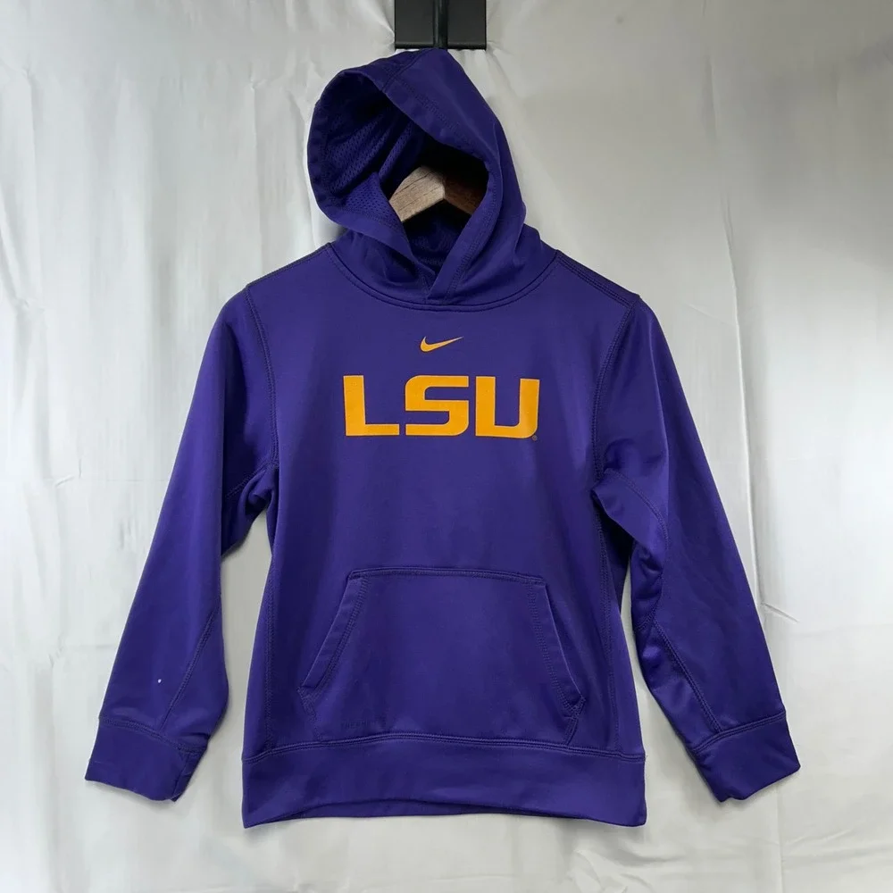 Nike LSU Tigers Hoodie Kids Medium Purple Therma-FIT Pullover Sweatshirt